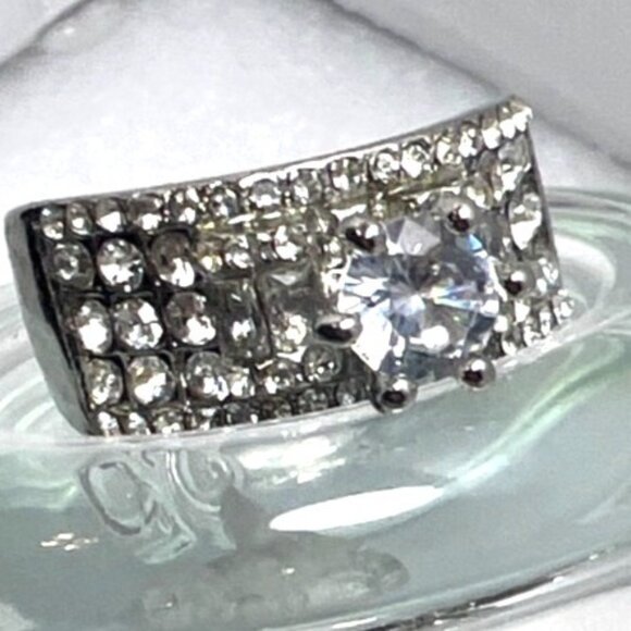 Wedding Ring Set Clear Cubic Zirconias Sz 8.5 27.3mm wide 9 rows Pave Cluster - Picture 8 of 12